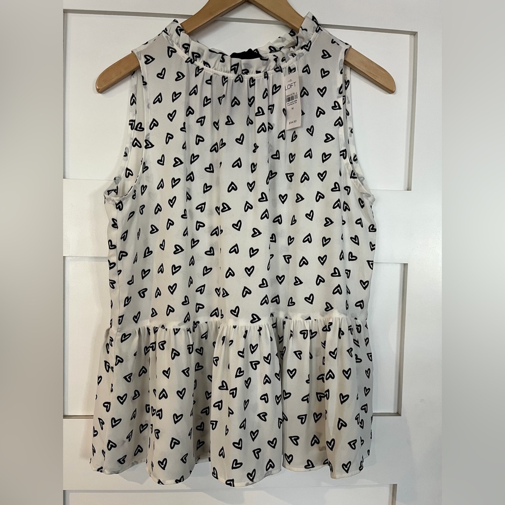 NWT LOFT Ivory Sleeveless Peplum Blouse with Black Heart Design